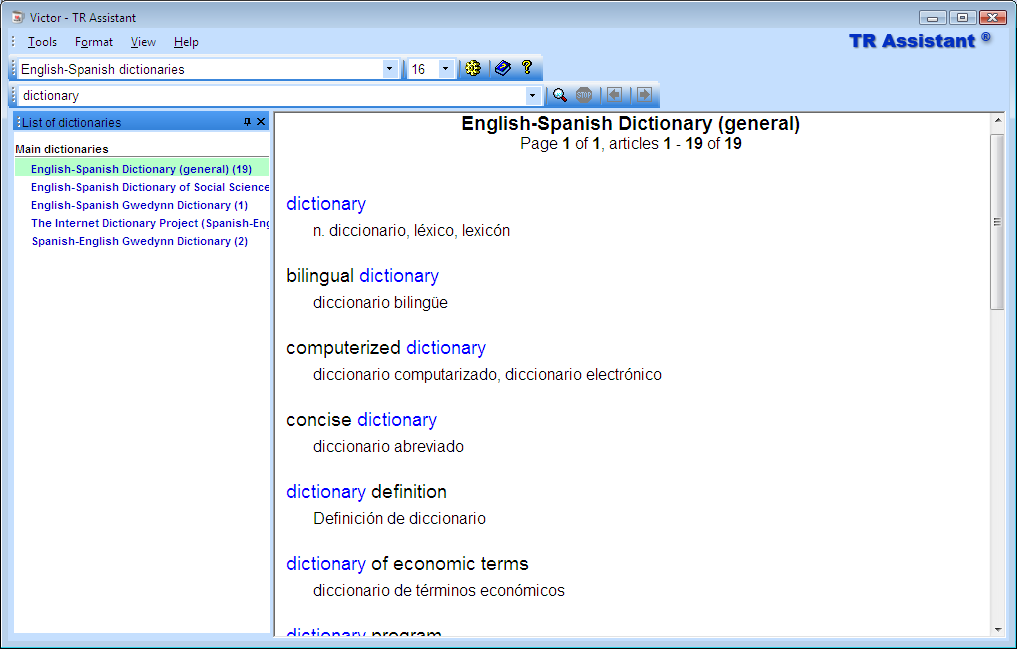 TR Assistant dictionary lookup program. Bilingual dictionary search results.